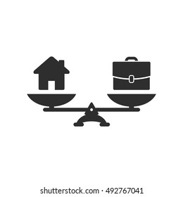  Home and business scales icon. Weight between work, money and your family. Career and family are on the scales.  Balance your life business concept. Family or money. Vector isolated illustration.