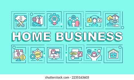 Home business word concepts light blue banner. Low cost startup. Infographics with editable icons on color background. Isolated typography. Vector illustration with text. Arial-Black font used