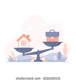 Home and business work on scales flat illustration. Balance between work, money and your family. Career and family are on the scales. Balance your life business concept. Family or money. Vector.