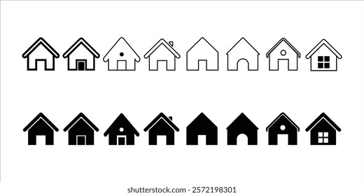 Home button icons set black and outlined Home page icon. Isolated Vector illustration of Simple house symbols and building icon. 