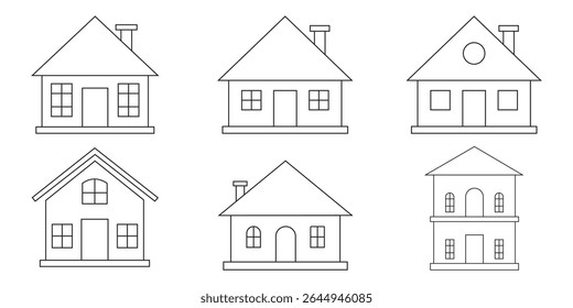 Home button icons set. Home page icon. Simple house symbols. Building icon. House and store Icon set. Main page pictogram in filled, thin line, outline and stroke style. set oh house and home icon. 