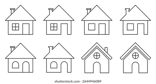 Home button icons set. Home page icon. Simple house symbols. Building icon. House and store Icon set. Main page pictogram in filled, thin line, outline and stroke style. set oh house and home icon. 