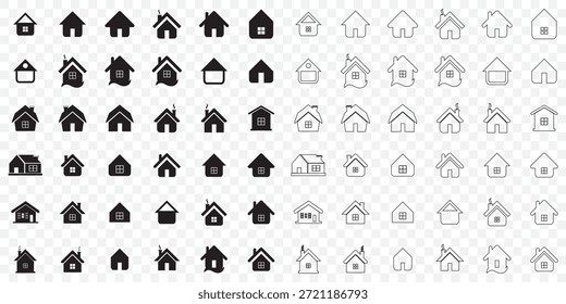 Home-Schaltflächen-Symbole festgelegt. Homepage-Symbol. Einfache Haussymbole. Symbol wird erstellt. Vektorgrafik in Strich auf transparentem Hintergrund. EPS 10.