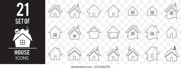 Home-Schaltflächen-Symbole festgelegt. Homepage-Symbol. Einfache Haussymbole. Symbol wird erstellt. Vektorgrafik in Strich auf transparentem Hintergrund. EPS 10.