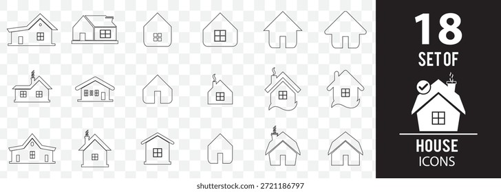 Home-Schaltflächen-Symbole festgelegt. Homepage-Symbol. Einfache Haussymbole. Symbol wird erstellt. Vektorgrafik in Strich auf transparentem Hintergrund. EPS 10.