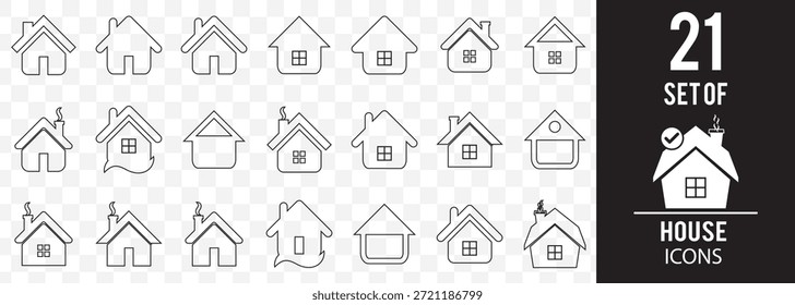 Home-Schaltflächen-Symbole festgelegt. Homepage-Symbol. Einfache Haussymbole. Symbol wird erstellt. Vektorgrafik in Strich auf transparentem Hintergrund. EPS 10.