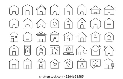 conjunto de iconos de contorno del botón de inicio conjunto de vectores en blanco y negro, icono de casa, conjunto de iconos de bienes raíces, conjunto de iconos de construcción