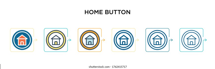 Home button vector icon in 6 different modern styles. Black, two colored home button icons designed in filled, outline, line and stroke style. Vector illustration can be used for web, mobile, ui