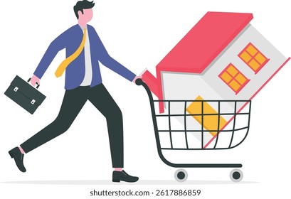Home buyer, purchasing new house, real estate, property investment or mortgage concept, businessman pushing new house inside shopping cart trolley.

