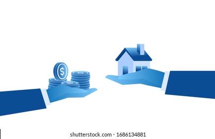 Home buying and finding house concept. big hands choose best home illustration with money