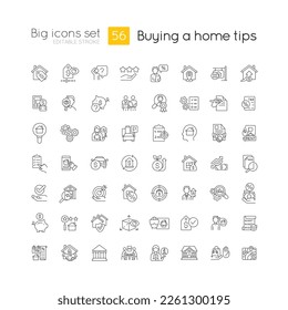 Home buying guide linear big icons set. Real estate purchase. House hunting. Customizable thin line symbols. Isolated vector outline illustrations. Editable stroke. Quicksand-Light font used