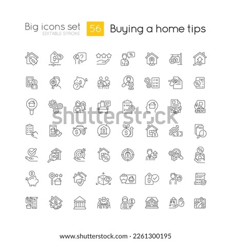 Home buying guide linear big icons set. Real estate purchase. House hunting. Customizable thin line symbols. Isolated vector outline illustrations. Editable stroke. Quicksand-Light font used
