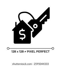 Home buying pixel perfect black glyph icon. Estate planning, house owning. Household mortgage, loan. Credit, debt. Silhouette symbol on white space. Solid pictogram. Vector isolated illustration