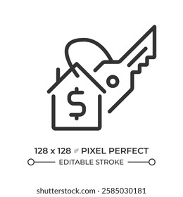 Home buying pixel perfect linear icon. Estate planning, house owning. Household mortgage, loan. Credit, debt. Thin line illustration. Contour symbol. Vector outline drawing. Editable stroke