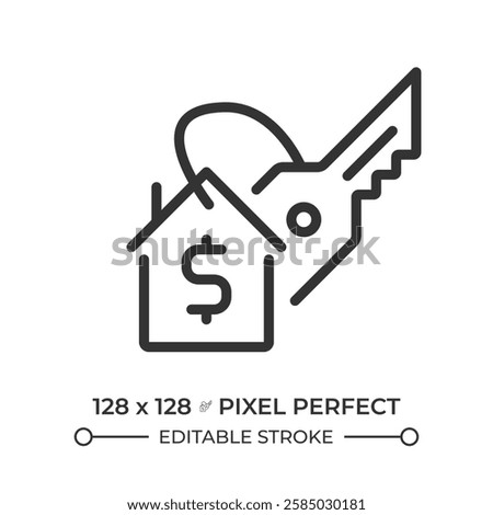Home buying pixel perfect linear icon. Estate planning, house owning. Household mortgage, loan. Credit, debt. Thin line illustration. Contour symbol. Vector outline drawing. Editable stroke