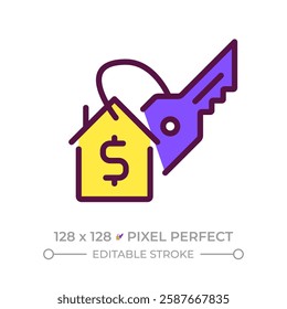 Home buying pixel perfect RGB color icon. Estate planning, house owning. Household mortgage, loan. Credit, debt. Isolated vector illustration. Simple filled line drawing. Editable stroke