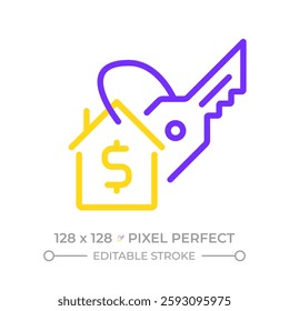 Home buying pixel perfect two color line icon. Estate planning, house owning. Household mortgage. Credit, debt. Bicolor outline symbol. Duotone linear pictogram. Isolated illustration. Editable stroke