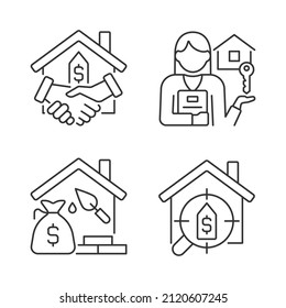 Home buying process linear icons set. Real estate agent. Property mortgage and loan. Searching house. Customizable thin line symbols. Isolated vector outline illustrations. Editable stroke