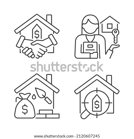 Home buying process linear icons set. Real estate agent. Property mortgage and loan. Searching house. Customizable thin line symbols. Isolated vector outline illustrations. Editable stroke