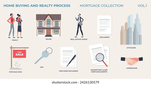 Home buying and realty process in tiny person house mortgage collection. Elements set with real estate investment legal documents for new family or residential building purchase vector illustration.