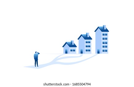 Home buying search house. Big hand choose best home illustration