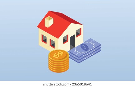 Home Buying and Transactions, Commercial Real Estate und Mortgages.on blue background.3D design.isometric Vektordesign Illustration.