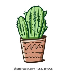 Home cactus in brown pot. Hand drawn vector illustration. Cartoon style. Isolated on white background.