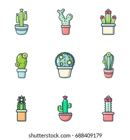 Home cactus icons set. Outline set of 9 home cactus vector icons for web isolated on white background