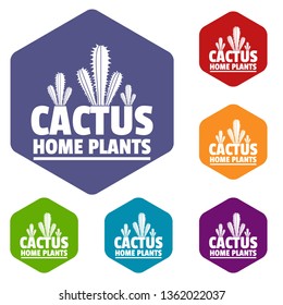 Home cactus plants icons vector colorful hexahedron set collection isolated on white 