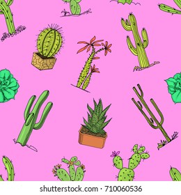 home cactus plants with prickles and nature elements in pots and flowers. exotic or tropical. various succulents, seamless pattern. engraved in ink hand drawn in old sketch and vintage style.