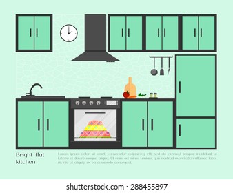 Home, cafe or restaurant bright flat kitchen with kitchen sink, stove, refrigerator, food, clock, ventilation and other kitchenware. Modern design. Vector illustration background.