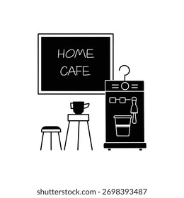 Inicio Cafetería con máquina de café y signo de pizarra