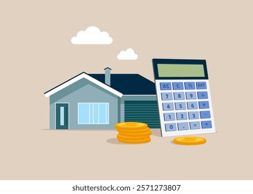 Home with calculator. Calculating property investment costs. House mortgage calculation. Housing budget. Modern vector illustration in flat style