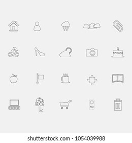 home, camera, cake, delete, users, user, umbrella, coffee, dress, film strip, book apple, bicycle, cloud, sun, high heel, microphone icons vector set