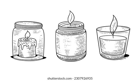Home candles set in glass. Hand drawn line art sign home decor element objects. Black color vector illustration sketch isolated on white background.