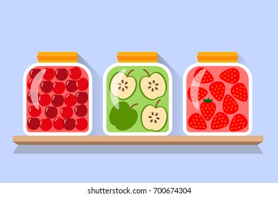 Home canned fruit - compotes and jam. Vector cartoon style illustration