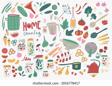 Colección de doodles de enlatado en casa. Comida, equipamiento de cocina, jarras, frutas y verduras.