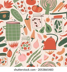 Home Canning Doodle Seamless Pattern. Food, Kitchen Equipment, Jars, Fruits And Vegetables. Perfect For Fabric, Wallpaper Or Wrapping Paper.