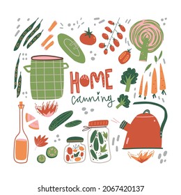 Juego de doodles de enlatado en casa. Sencillas cosas de cocina de otoño. Estilo escandinavo ingenuo
