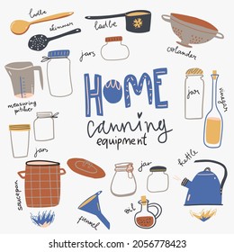 Home Canning Equipment Doodle Collection. Kettle, Jars And Other Objects.