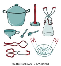Home canning. Canning equipment and tools set. Kitchen utensils isolated on transparent background. Hand drawn vector illustration.