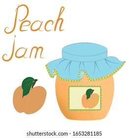 Home canning, food. Peach apricot sweet dessert jam juice in a glass jar with a lid with a sticker label, fresh fruit with leaves and the inscription. Set of three color icons isolate white background