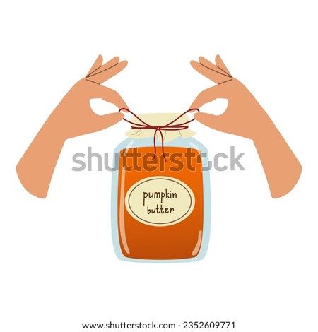 Home canning. Hands packaging canned food. Tie bow of the rope. Colorful flat vector illustration.