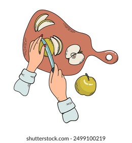 Hauskonserven. Hände schneiden Äpfel mit Messer auf Schneidebrett. Der Schritt ist die Vorbereitung, was auch immer produziert wird, Dosen werden. Verfahren zum Kochen von Lebensmitteln. Handgezeichnete Vektorgrafik.