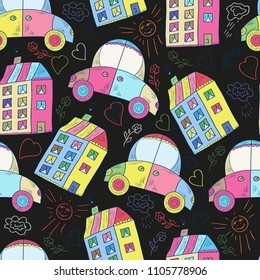 Home, car. Childish, cheerful background. Wallpaper, seamless. Sketch, doodle.