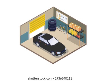 Home car garage interior with a car, shelf, tools and equipment stuff storage warehouse. isometric vector concept