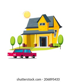 home and car. happy family - vector illustration