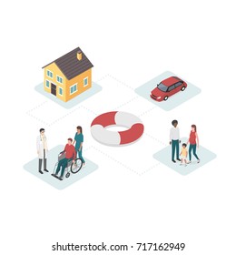 Home, car, health and family insurance plan with lifebelt at center: financial plans and services concept