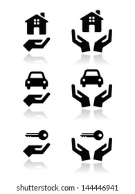 Home, Car, Keys With Hands Icons Set