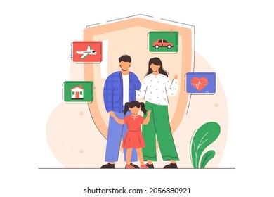 Home, car, travel and health insurance. Flat family with safety shield. Happy parents with children. Protection property and life of characters. Coverage accident and assurance plan concept.